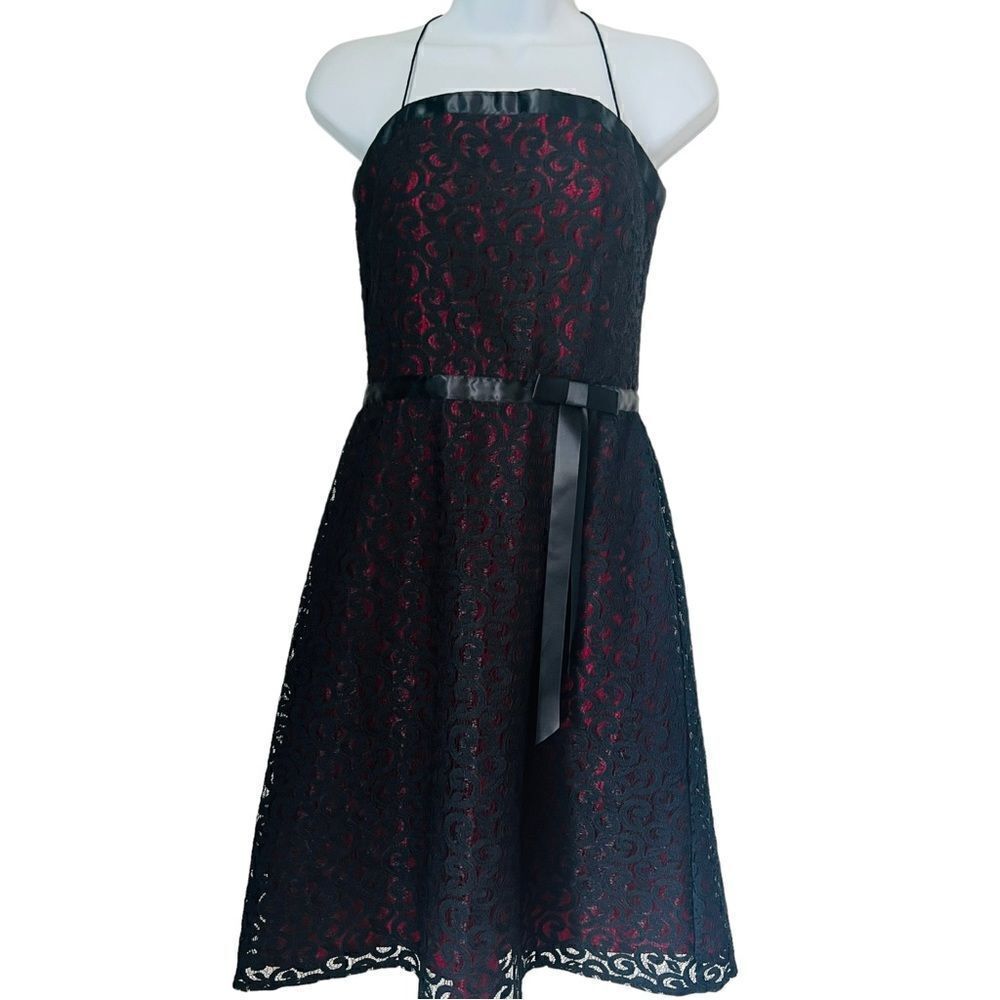 De Laru by Sheila Yen Black Lace overlay Red Satin Party Evening Prom Dress 9/10